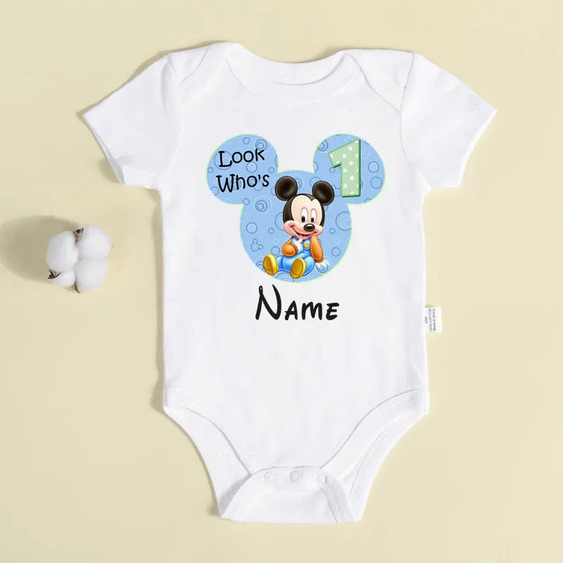 Personalized Custom Baby Name Look Who\'s 1st Birthday Baby Boy Bodysuit Mickey Mouse Infant Boy Birthday Party Clothes