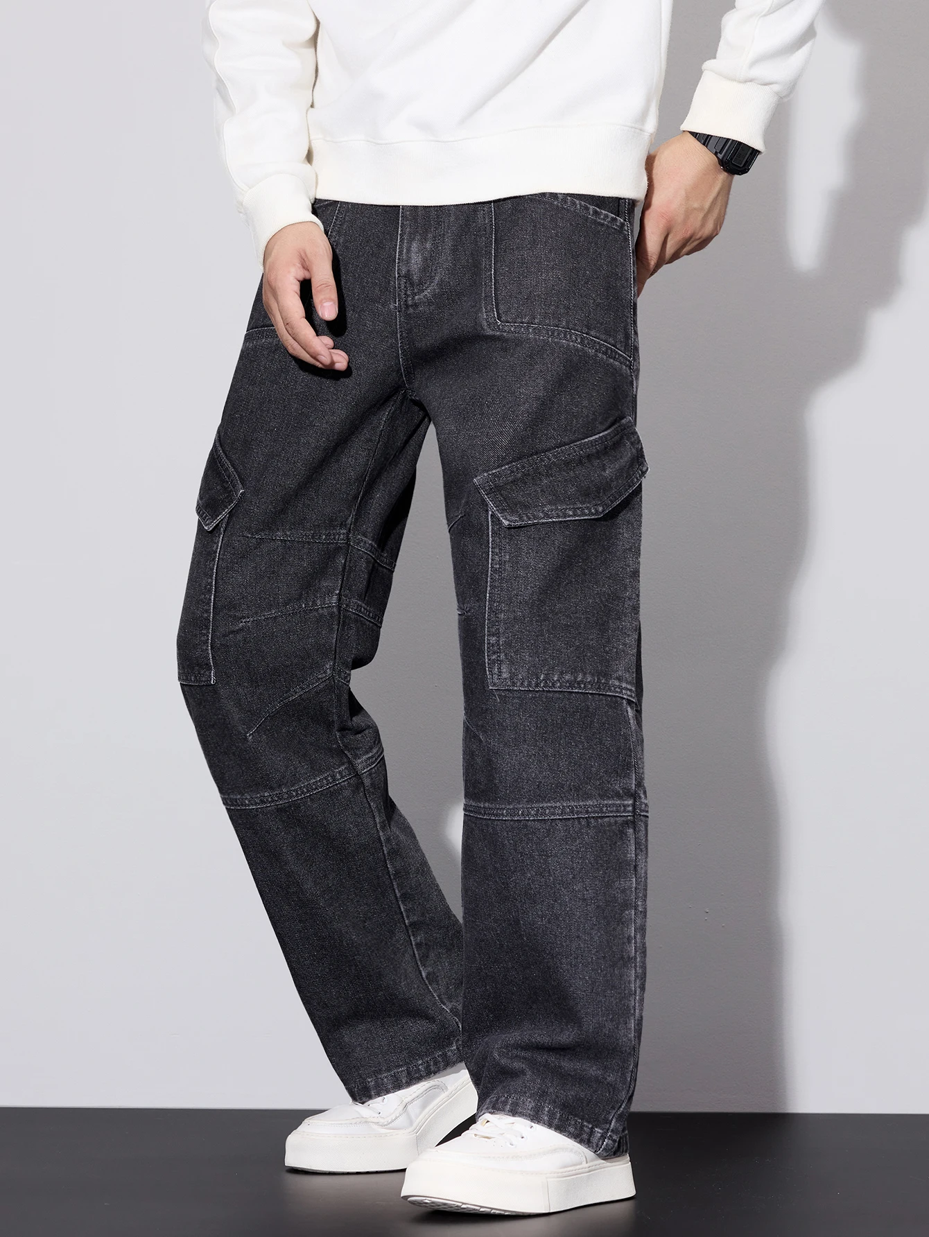 High Street Vintage Patchwork Multi-Pocket Gray Baggy Cargo Jeans Men Y2K Hip-Hop Street Fashion Versatile Straight-Leg Trousers