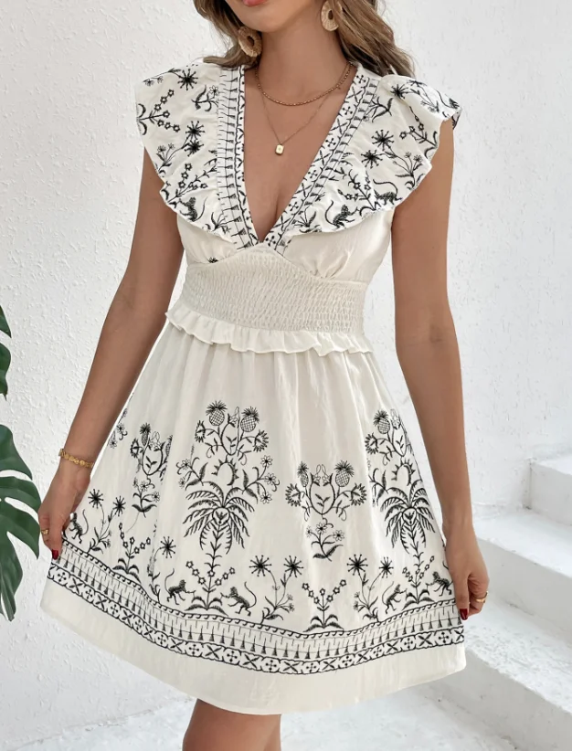 

2025 Summer New Sexy Elegant Dresses for Women Collection Short Skirt Casual Lotus Leaf Splicing Vacation Style Printed Dress