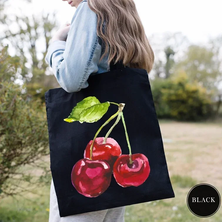 حقيبة حمل مطبوعة بالكرز، حقيبة تسوق للسيدات صديقة للبيئة، حقائب كتف عصرية على طراز هاراجوكو لحقيبة تسوق كاجوال #6