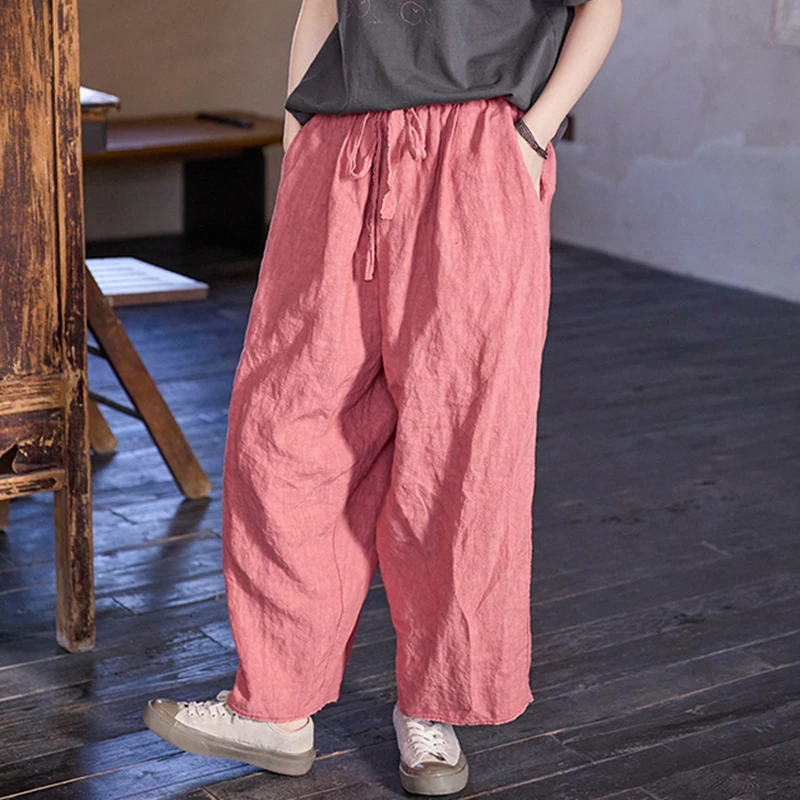 

High Quality 100% Linen Ankle-length Pants Women New 2025 Spring Vintage Style Loose Comfortable Female Casual Pants M1380