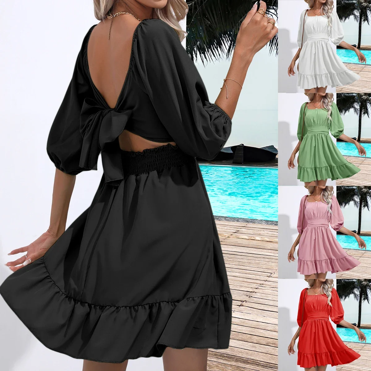 

Womens Dress Long Lantern Sleeve Square Neck Tie Backless Sexy Dress Ruffle Elastic Waist A-Line Mini Dress