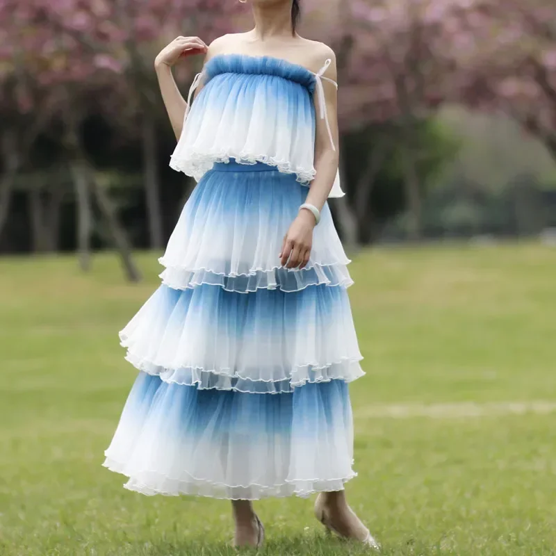 New Wavy gradient cake skirt length A-line slim  mesh