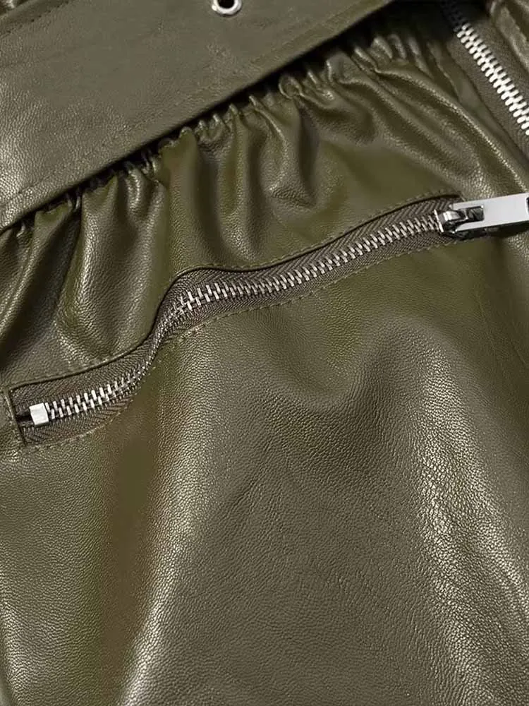 유럽 및 미국 스타일 여성 겨울 신상 패션 다용도 그린 가죽 재킷 (신축성 있는 허리밴드 포함)