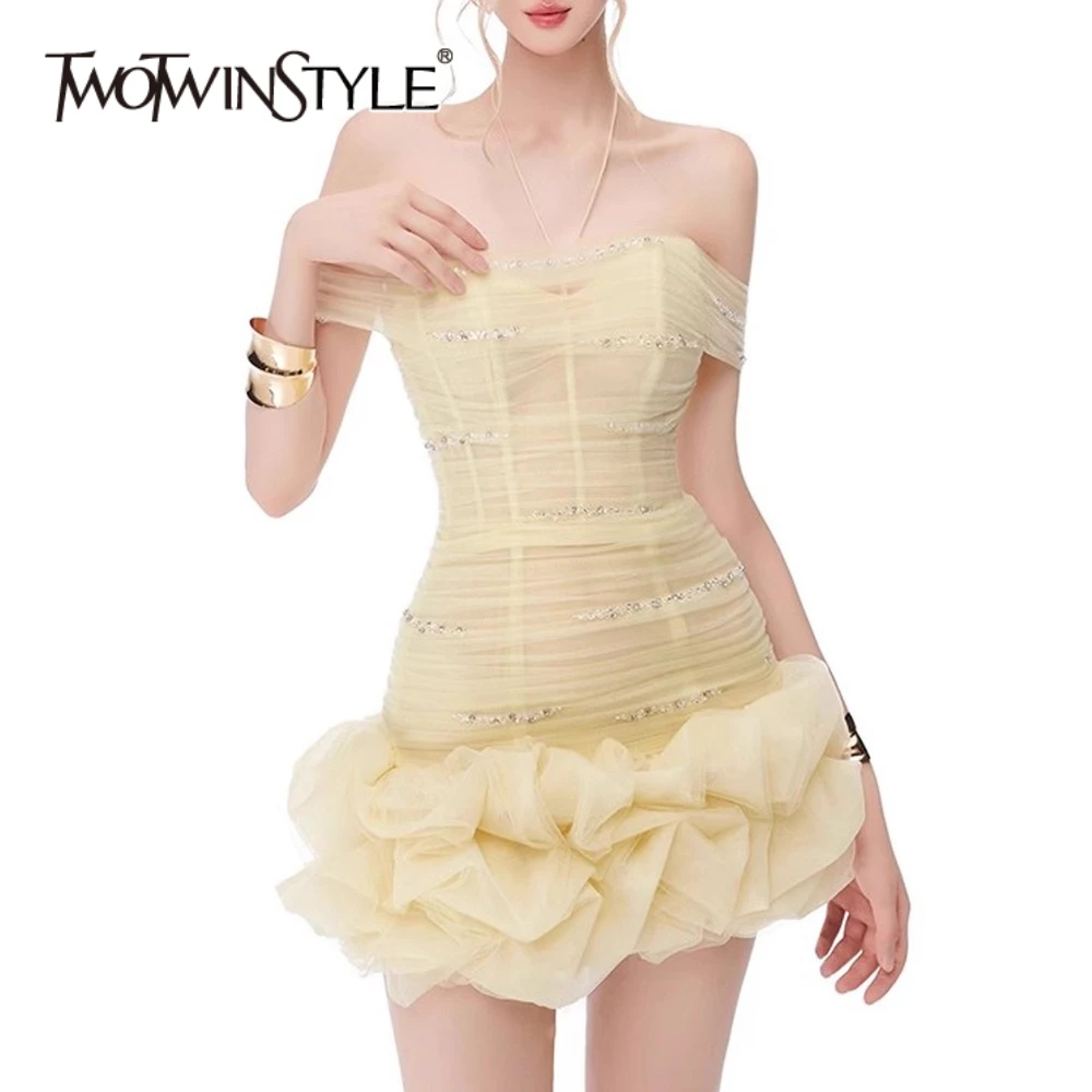 TWOTWINSTYLE Slimming Sheer Spliced Folds Sexy Mini Dresses for Women Halter Off Shoulder Patchwork Diamond Dress Female Fashion