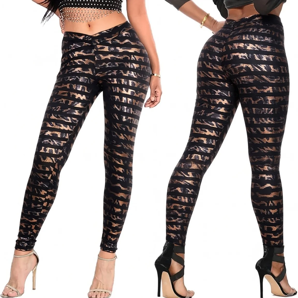 Women's Leopard Metallic Shiny Leather Leggings High Waisted Skinny Disco Party Going Out Pants