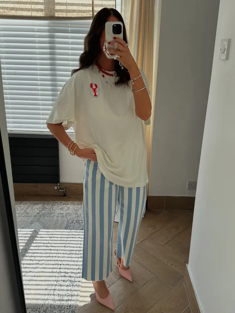 JHYF American Retro Vintage Design Lobster Print Loose Short Sleeve T-Shirt Women's Street Style Oversize Cotton Summer Top