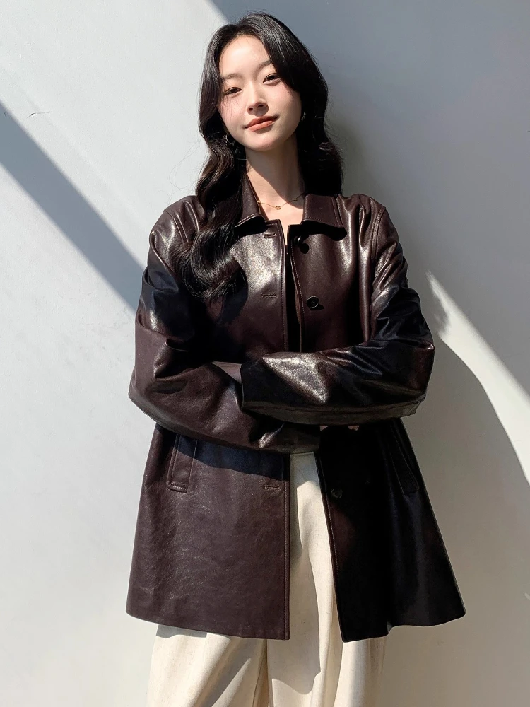 Vintage Genuine Leather Blazer Jackets for Women Spring Autumn 2025 New High-end Simple Loose Soft Oil Wax Real Sheepskin Coat