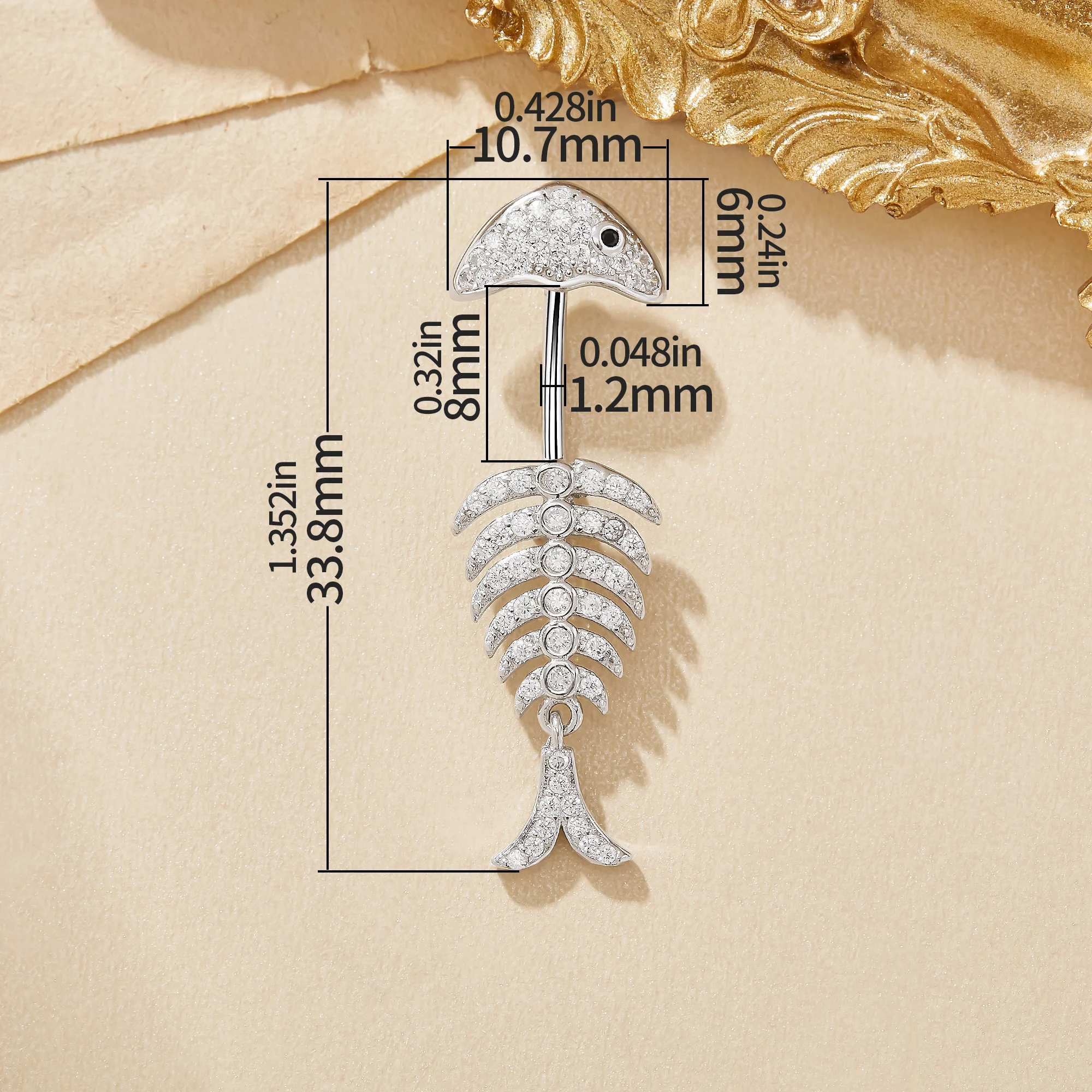 Fish Bone White CZ Stone Solid 925 Sterling Silver Belly Button Ring Belly Piercing Navel Bar Curved Barbell Navel Ring 6710029