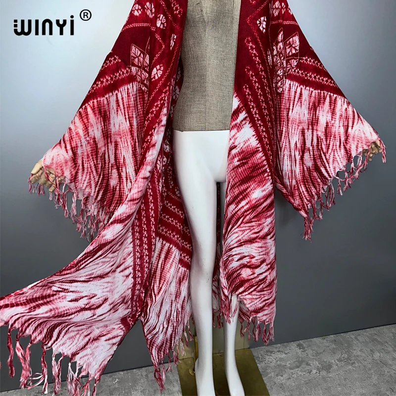 WINYI الصيف مهدب التعادل صبغ مطبوعة المرأة سترة فستان طويل أنيق بوهو فضفاض الشاطئ التستر كيمونو عباية دبي الفاخرة