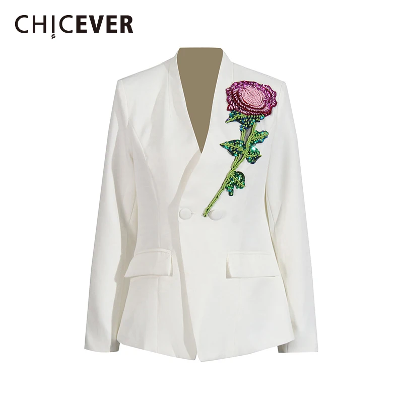 

CHICEVER Spliced Beading Designer Coat for Women V Neck Long Sleeve Patchwork Double Breasted Slim Blazer Female Fashion Style