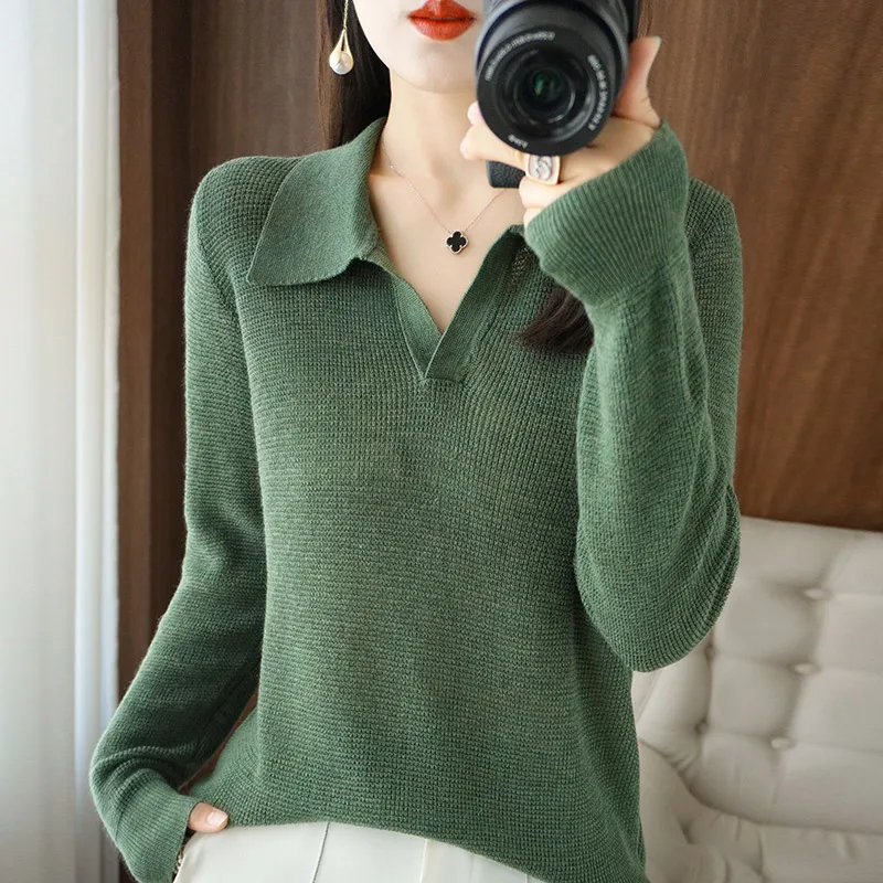 

New Fashion Autumn And Winter Women Wool Sweater Lapel Pullover Slim Casual Knitted Warm Polo Shirt Sweater Free Shipping