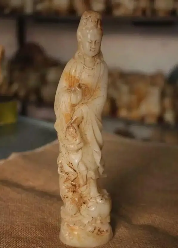 

8.4" China Natural Old White Jade Master Carved Stand Guanyin Bodhisattva Statue