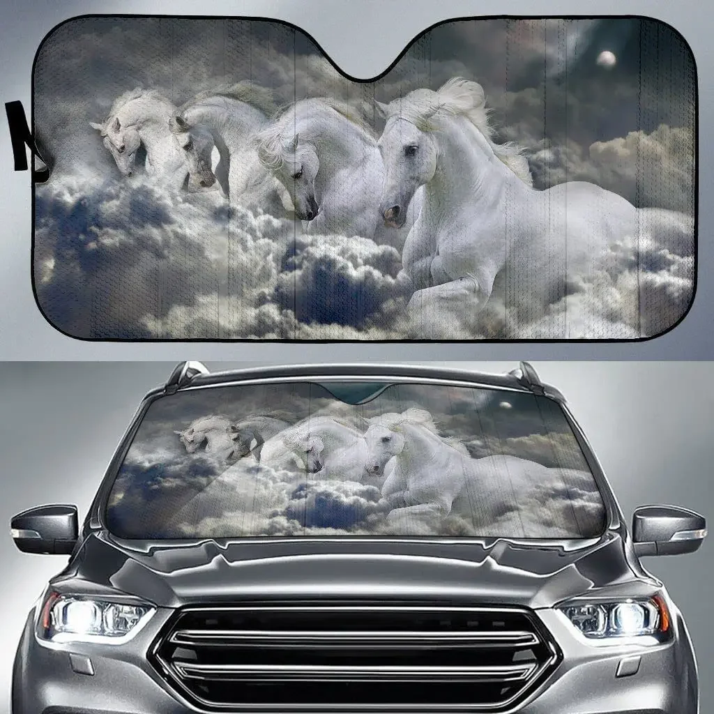 3D White Horses Out of The Storm Car Sunshade, Horse Car Window Sun Cover for Farmer Lover, Horse Auto Sunshade for Car Decor, C