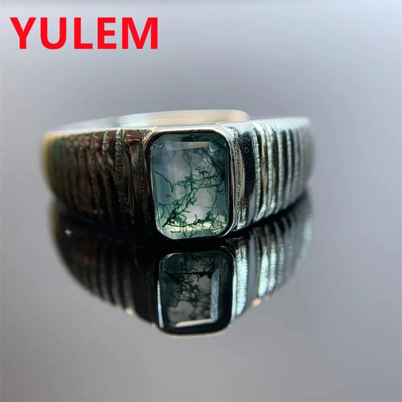 YULEM Natural 4*6mm Moss Agate 925 Sterling Silver Rings for Men Green Gems Engagement Wedding Jewelry Gift