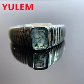 YULEM natural 4*6mm Moss agate 925 sterling silver ring for men green stones engagement wedding jewelry gift