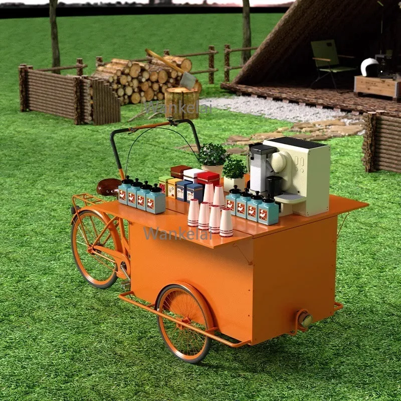 Venta al por mayor, carrito de aperitivos de comida flotante de arte del hierro de tres ruedas, carrito de puesto de mercado nocturno al aire libre a la venta