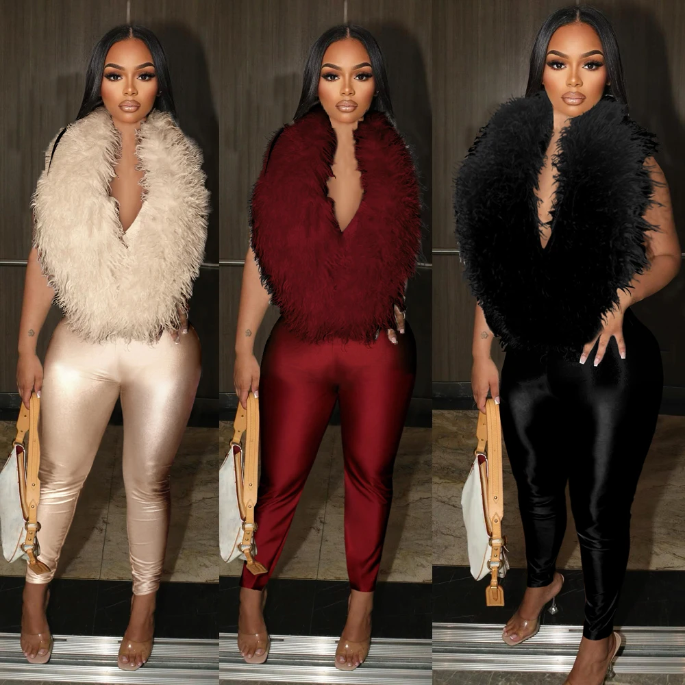 

Сексуальный меховой лоскутный комбинезон-леггинсы для женщин, зима 2024, новый цельный комбинезон с лямкой на шее и глубоким v-образным вырезом, уличная женская клубная одежда