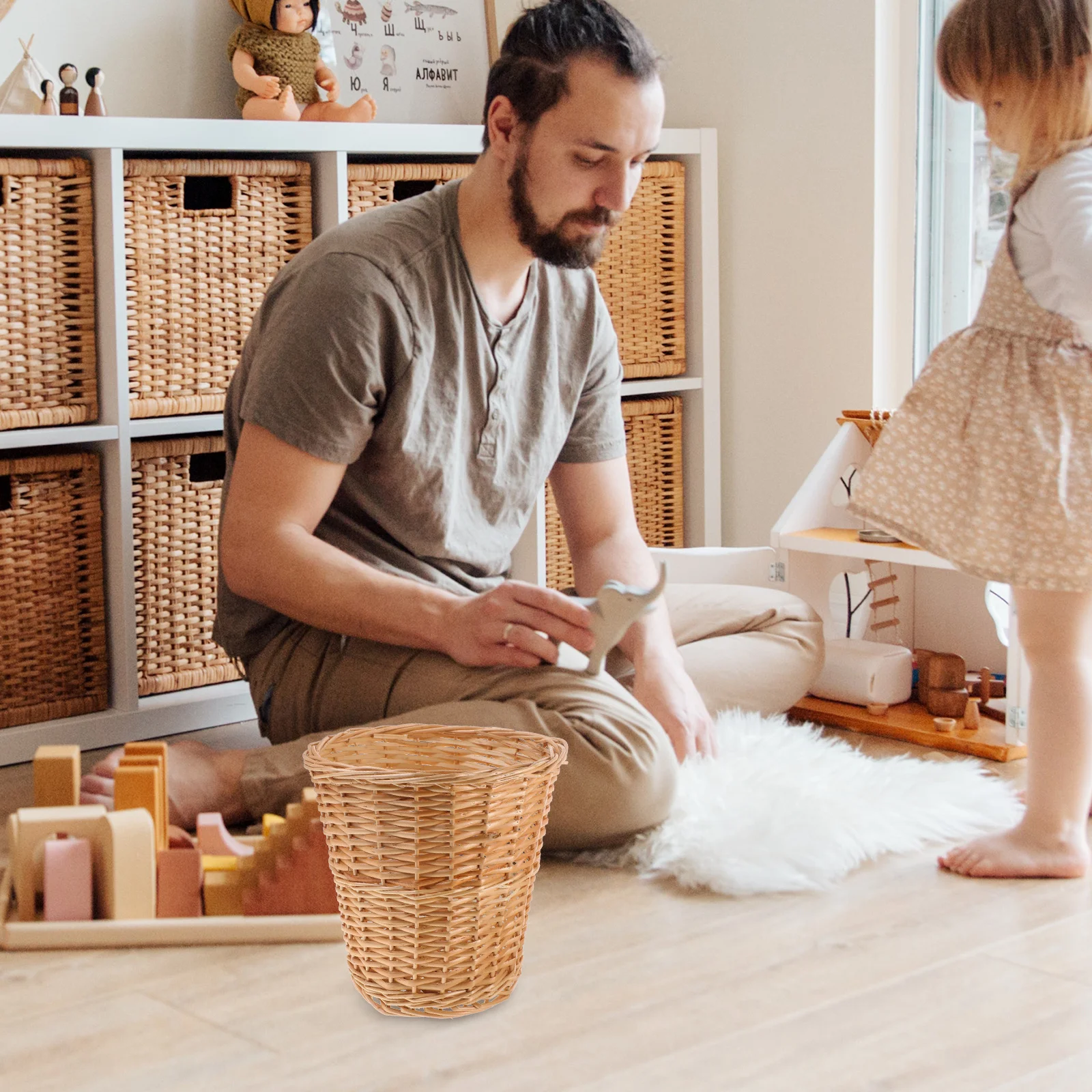 

Woven Storage Natural Style Multi-Function Trash Home Accessory Basket For Bathroom Home Office Decor Waste Container