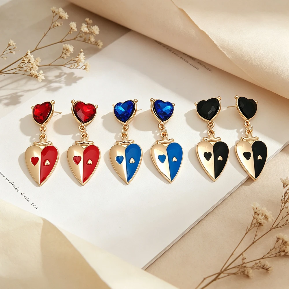 Two-Tone Spliced Double-Layer Heart Dangle Earrings, Colorful Diamond Contrasting Color Heart Metal Earrings, Everyday Style Accessories