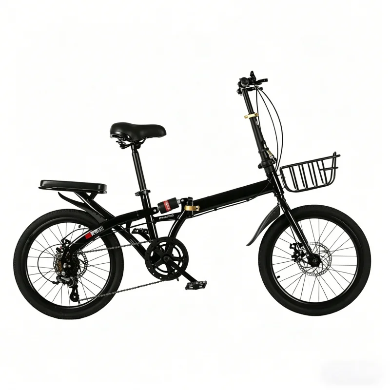 20Inch Folding Bike 7 Speed Adult Bicycle Portable Ultra-Light Commuter Student Bicycle with Rear Seat Basket Black Spoke Wheels