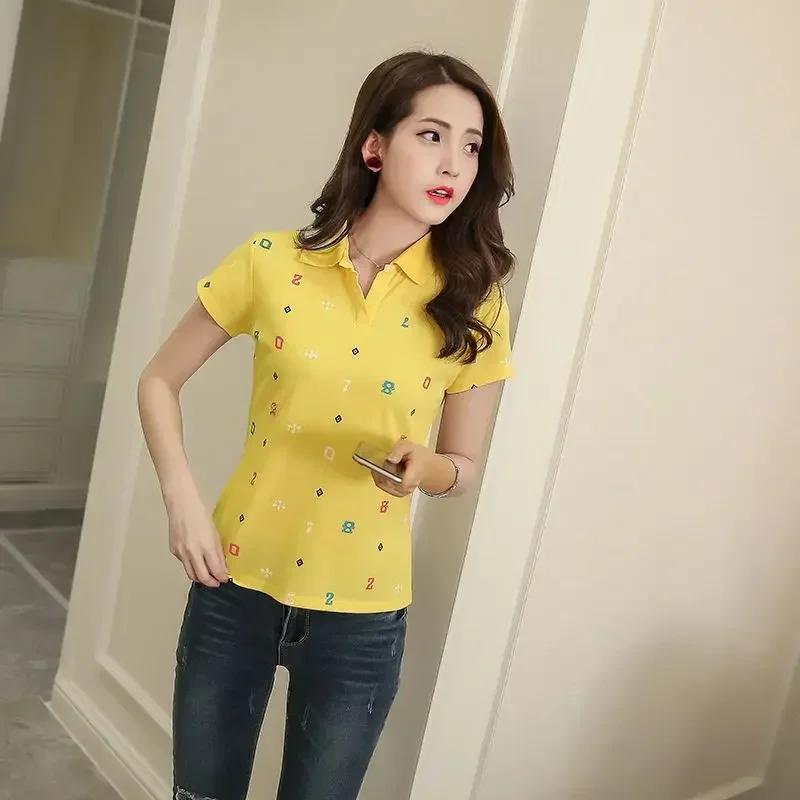 سليم التلبيب تي شيرت الصيف الزي قصيرة الأكمام الطباعة القمصان النسائية الكورية نمط الملابس الأصلية الجديدة عادية كوع تي أنثى