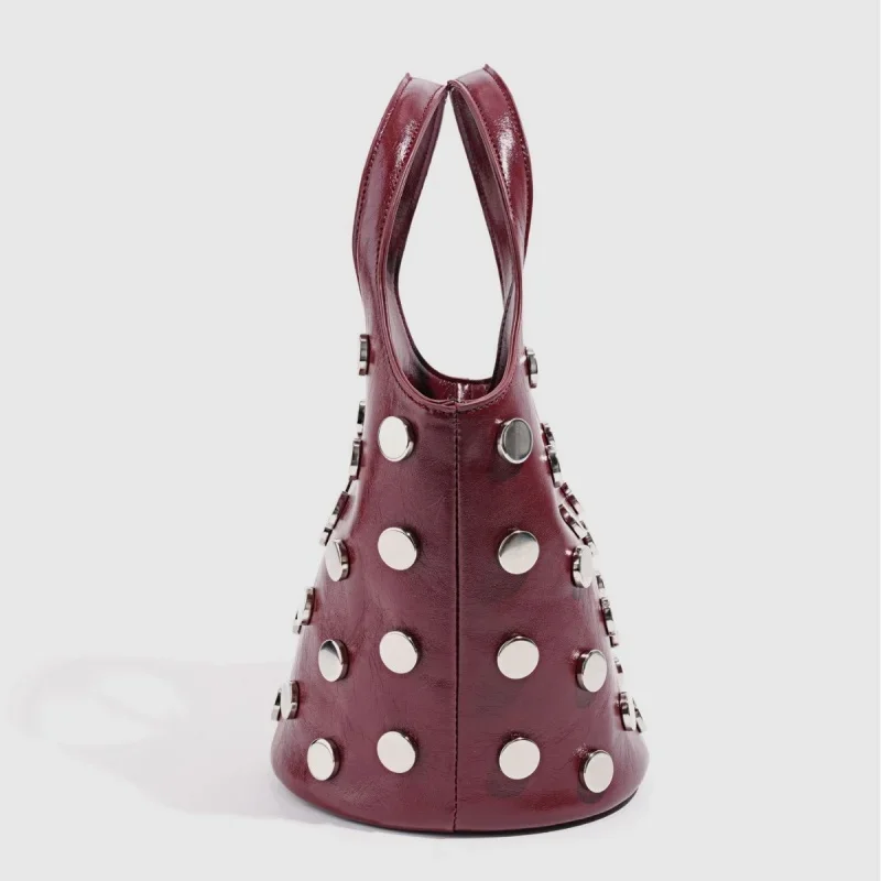 Rivet Decoration Bucket Bag Motorcycle Women's Handbag Trendy New Street Metallic Tote Bag Magnetic Buckle Closure Mini Purse