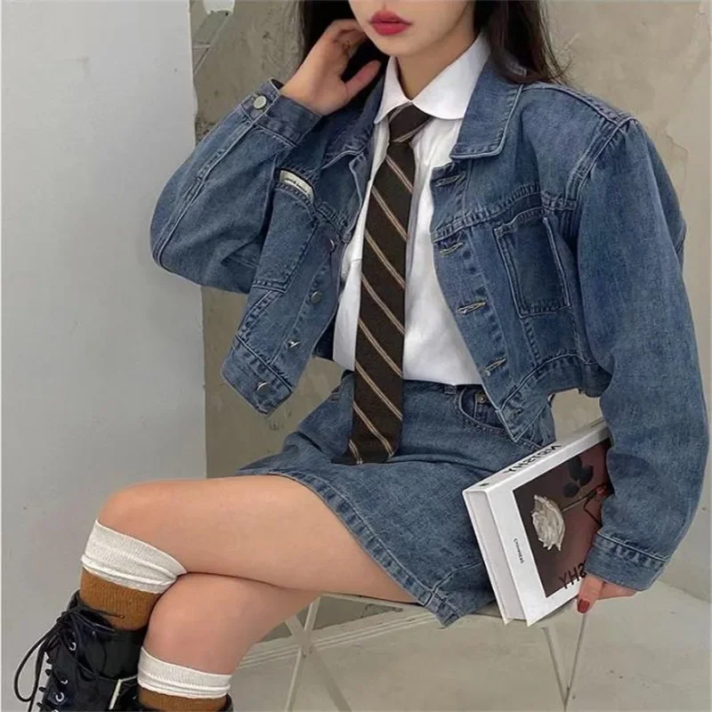 Autumn Y2k Denim Two Piece Set Women's Korean Cropped Jackets with High Waist A-line Mini Skirt Suits Female Harajuku Outfits