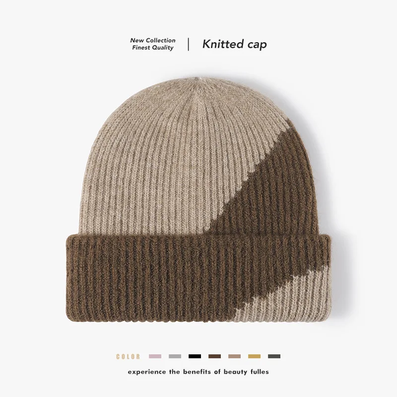 Autumn and Winter Color-Blocked Double-Layer Knitted Hat for Men and Women, Large Head Circumference, Warm and Thick
