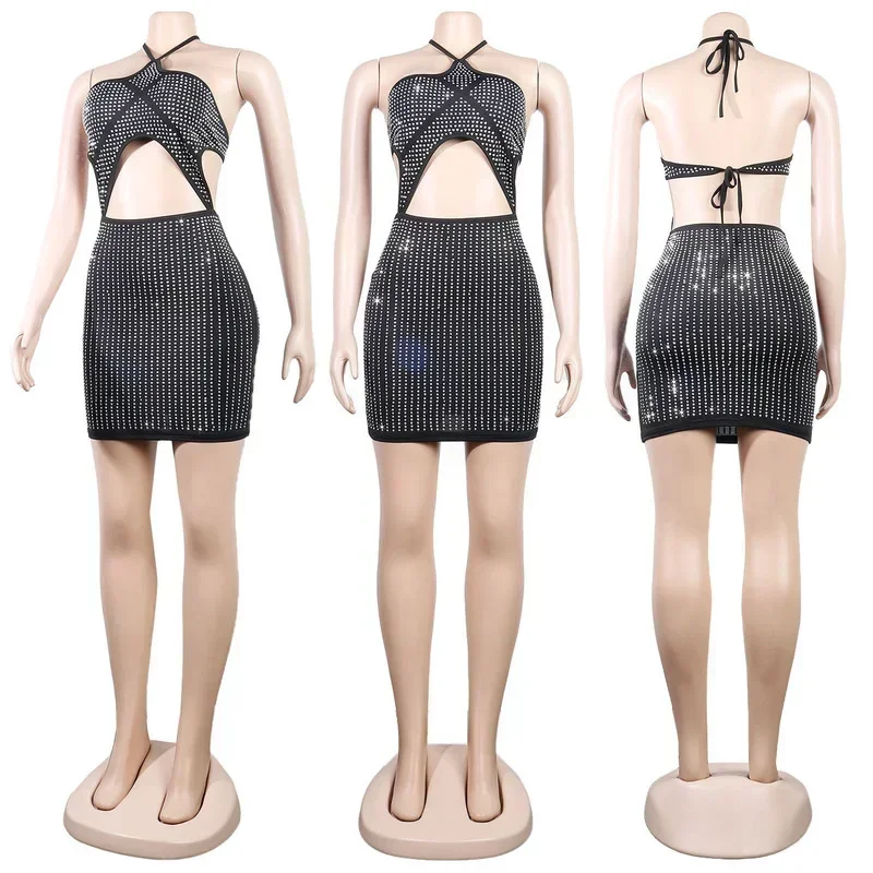 GUWU Hot Rhinestones Cut Out Halter Backless Sleeveless Bodycon Mini Dress  Sexy Party Club Diamonds Women Dresses