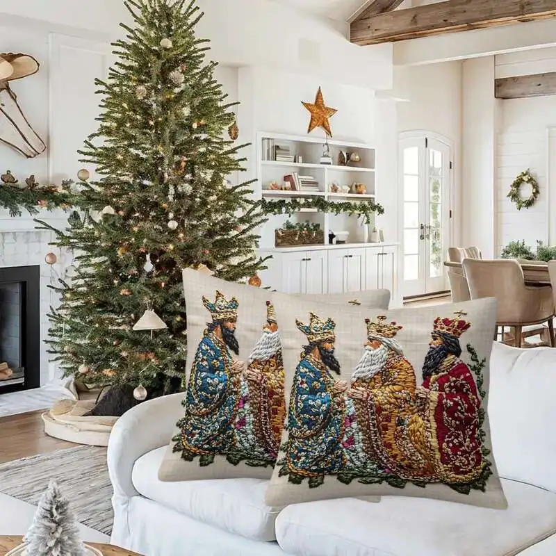 Holiday Themed Pillow Cover Three Kings Design with Zipper and Machine Washable Fabric for Christmas Decor and Home Styling
