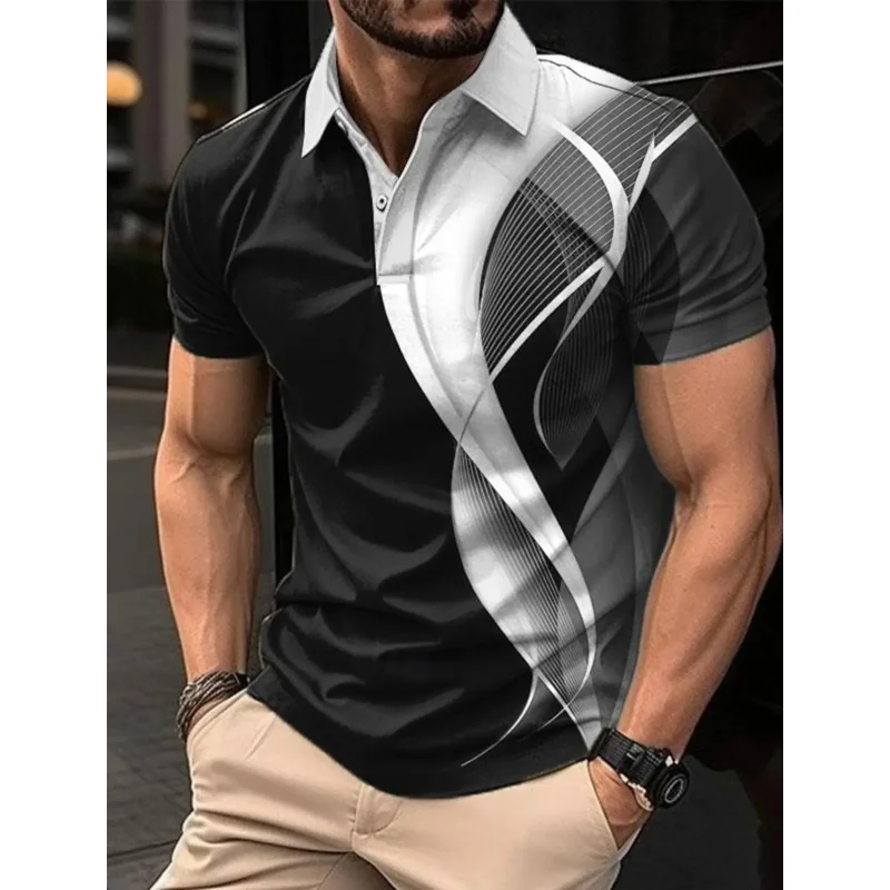Optical illusion fashion men's casual golf shirt, 3d printed polyester short-sleeved turndown T-shirt, micro-elastic lapel polo
