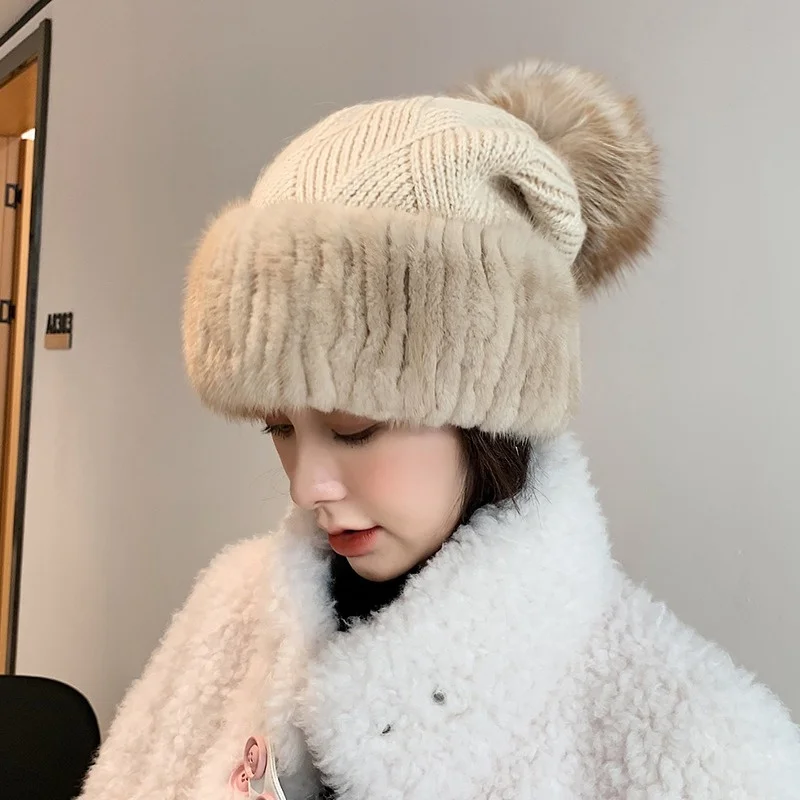 

Women's Blended Knitted Fur Hat Winter Rex Rabbit Fur Mink Fur Blend Warm Hat Soft And Comfortable Outdoor Ear Protection Hat