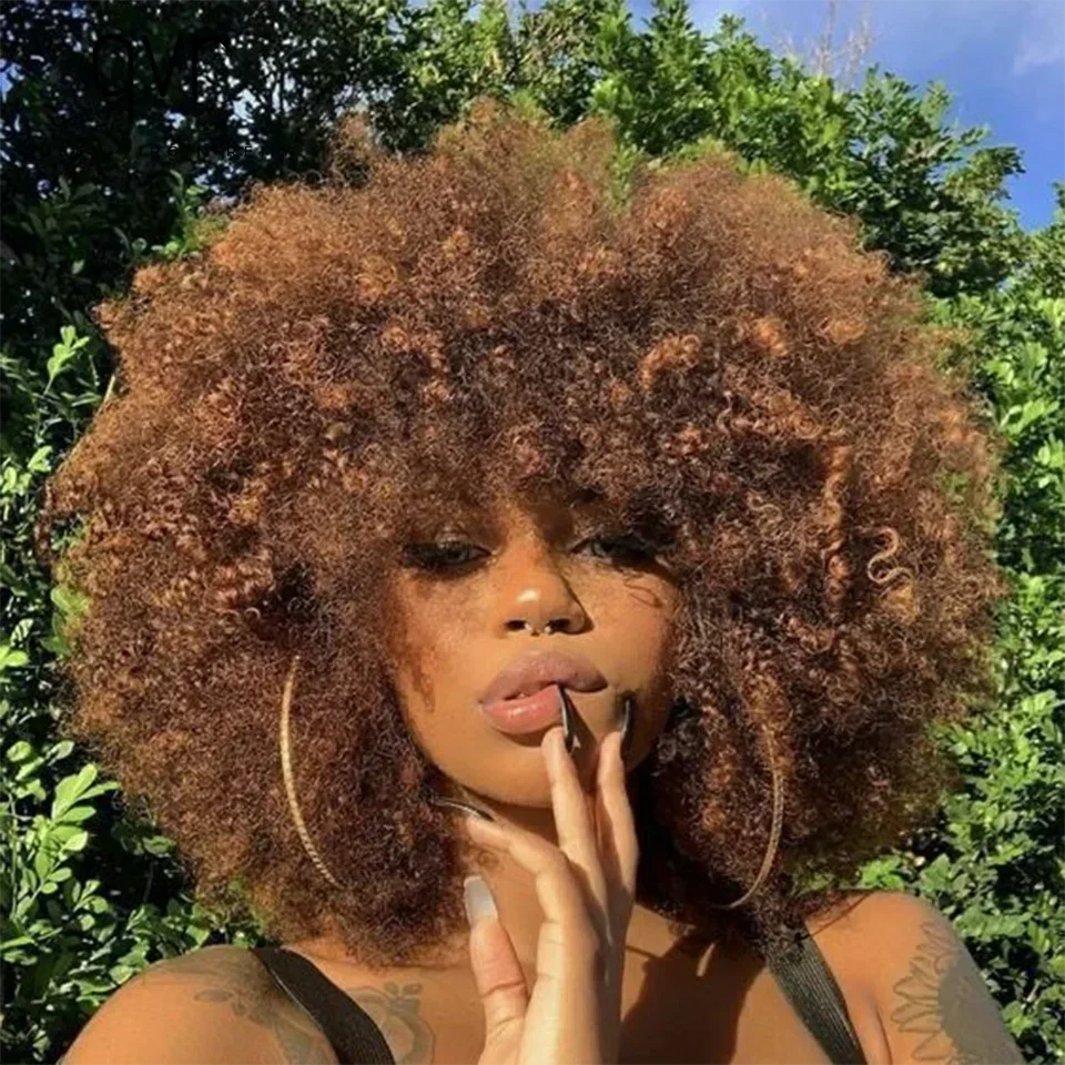QVR Short Afro Kinky Curly Wig with Bangs - 180% Density Fluffy Human Hair Wig | No Lace Machine Made Afro Style for Black Women