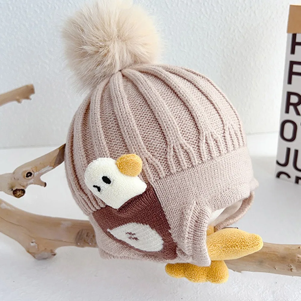

Cute Cartoon Duck Knitted Pompom Hat Windproof Thickened Beanies Cap Keep Warm Winter Baby Hats for Kids