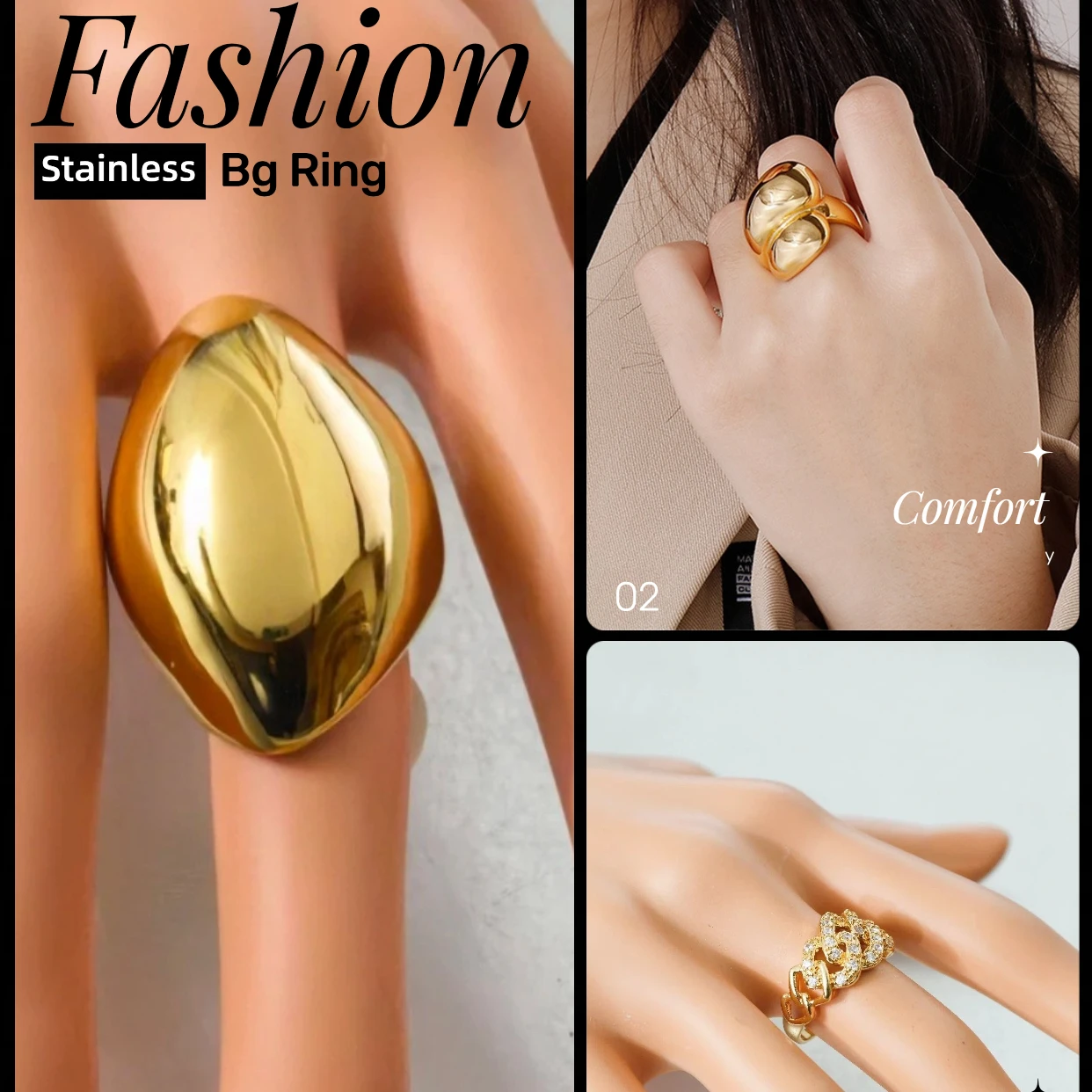 Kleine Größe 6 7 8 Luxus großer ovaler Mesh-Zirkonia-Edelstahl-Hochzeits-Statement-Ring mit Blume, vergoldet, Modeschmuck