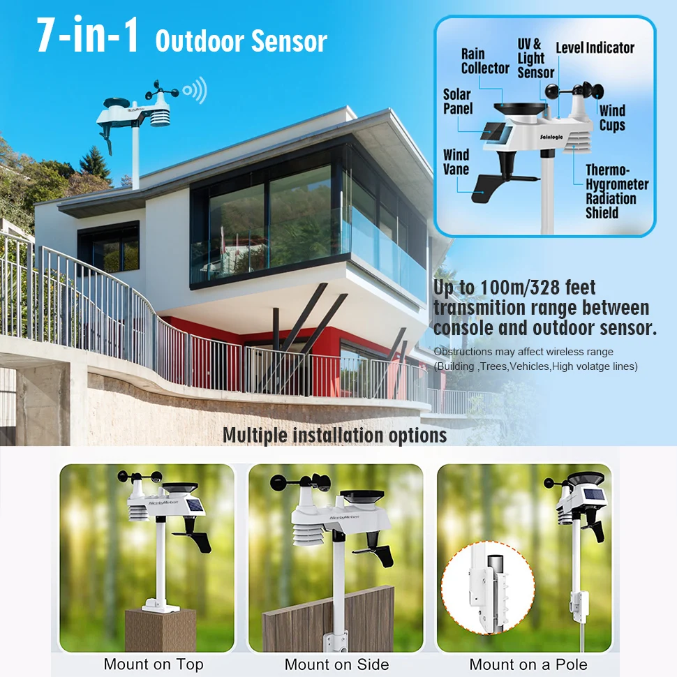 FT0320-020T Sensor WIFI luar ruangan, dengan Monitor termometer dan higrometer profesional nirkabel 7 dalam 1 Monitor cuaca