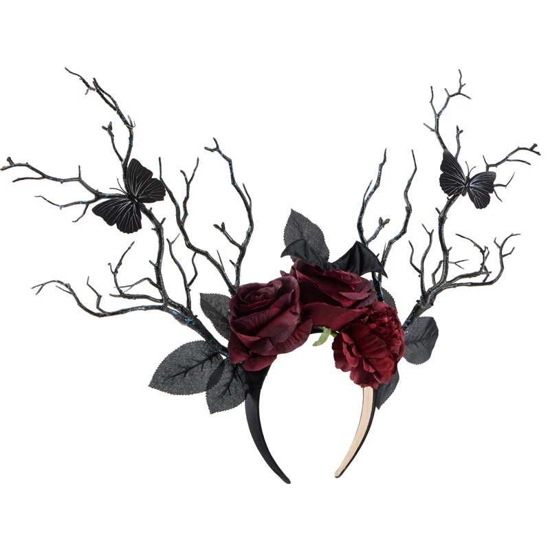 Fascia per capelli di Halloween Gothic Retro Black Rose Tree Branch Hairband fiori Vintage farfalla costumi Cosplay copricapo