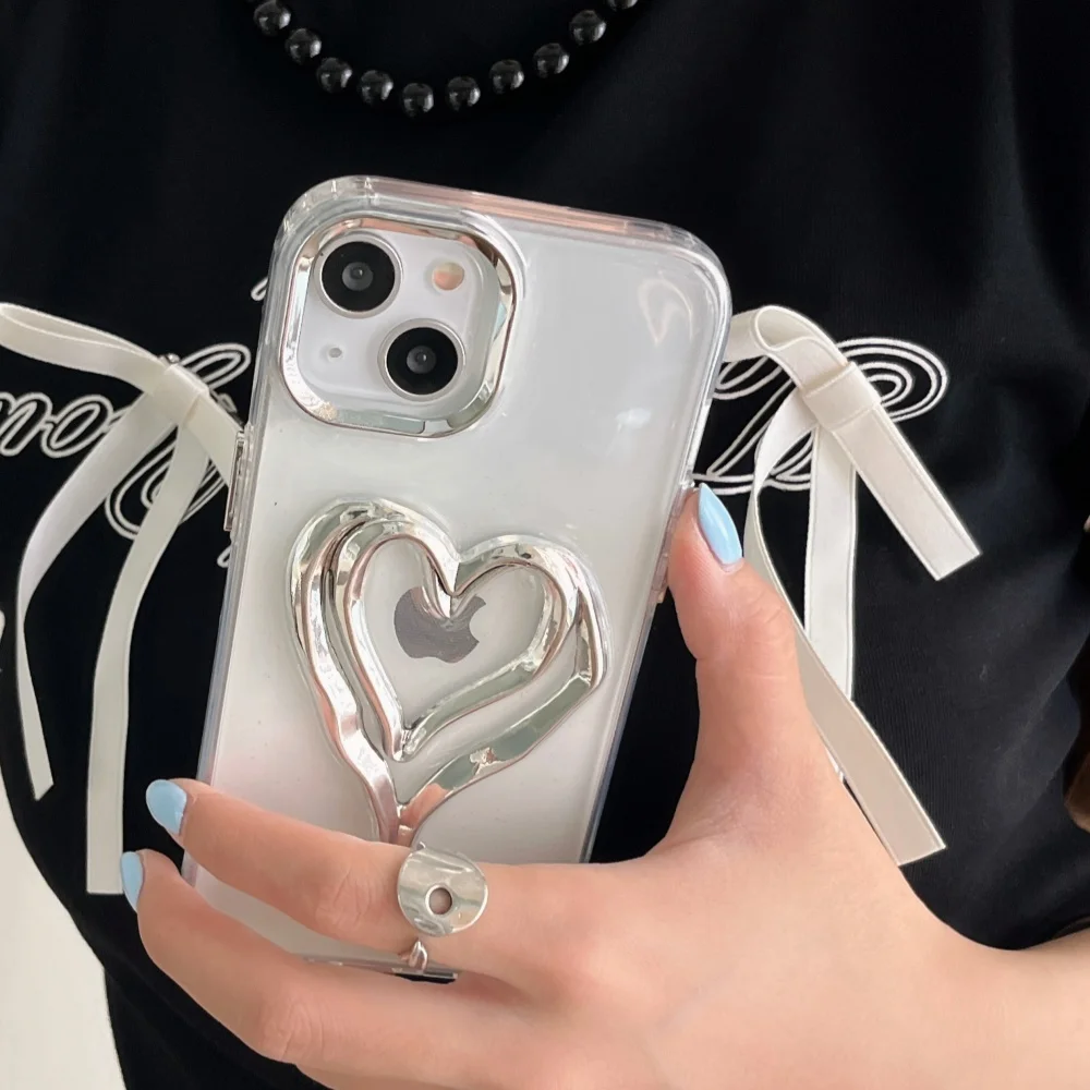 Cute Silver Love Heart Clear Phone Case For iPhone 15 14 12 13 Pro Max 15pro Transparent Protection Cover For Girl Women Cases