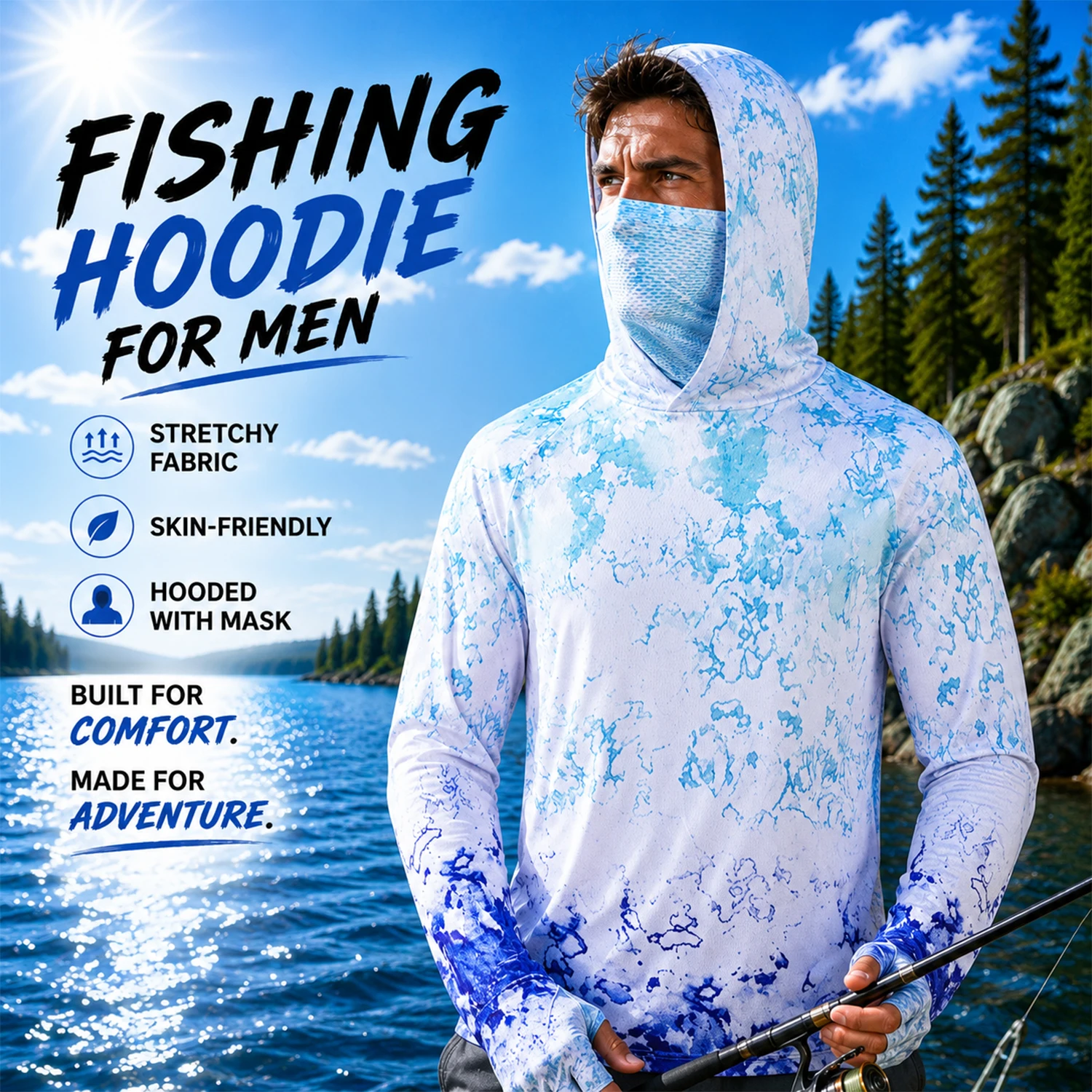Men Summer  Fishing Hoodie With Face Mask Thumb Holes Blue White Tie‑Dye Camo Print Quick Dry Sun Protection Fishing Shirt