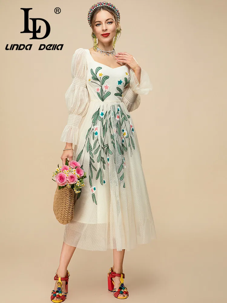 

LD LINDA DELLA 2023 Spring Summer Fashion Holiday Dress Women's Flare sleeve High waist Embroidery Mesh Vintage Party Midi Dress