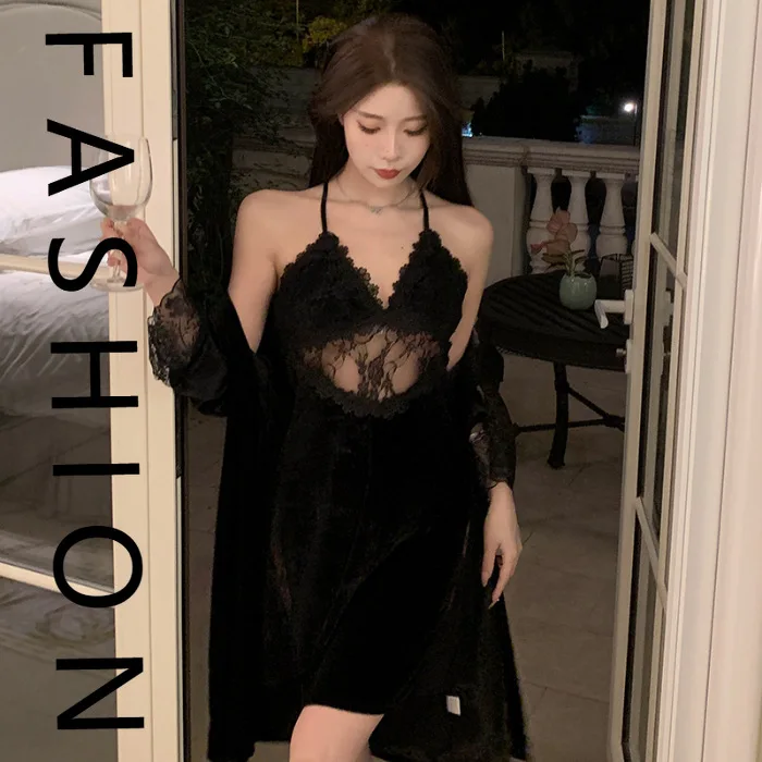 

Golden velvet pajamas women's autumn and winter Korean version long-sleeved nightgown set winter sexy lace suspender nightdress