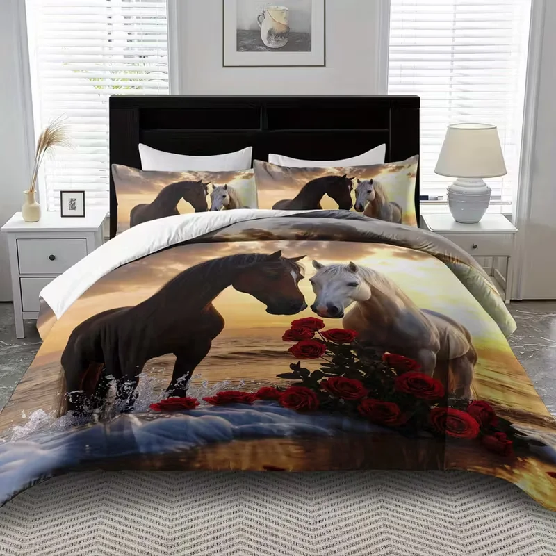 

Horse Duvet Cover Set Animal Theme Bedding Set Horse and Rose Duvet Cover Set All-Season for Bedroom Room Decoration