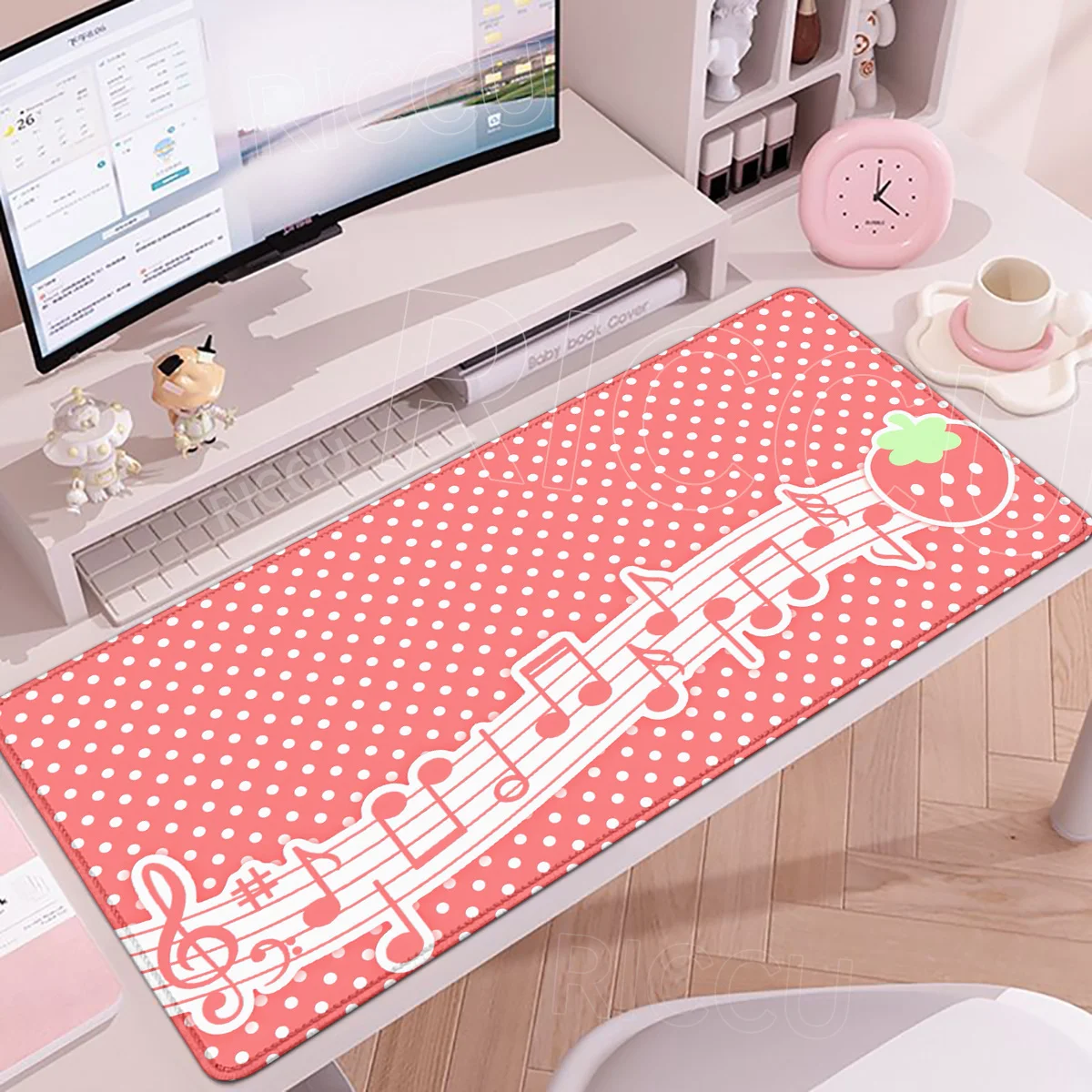 Music Notes Piano Deskmat Pink Blue Polka Dots Mousepad Cute Rubber Washable Non-Slip Locking Edge Tablepads Office Accessories
