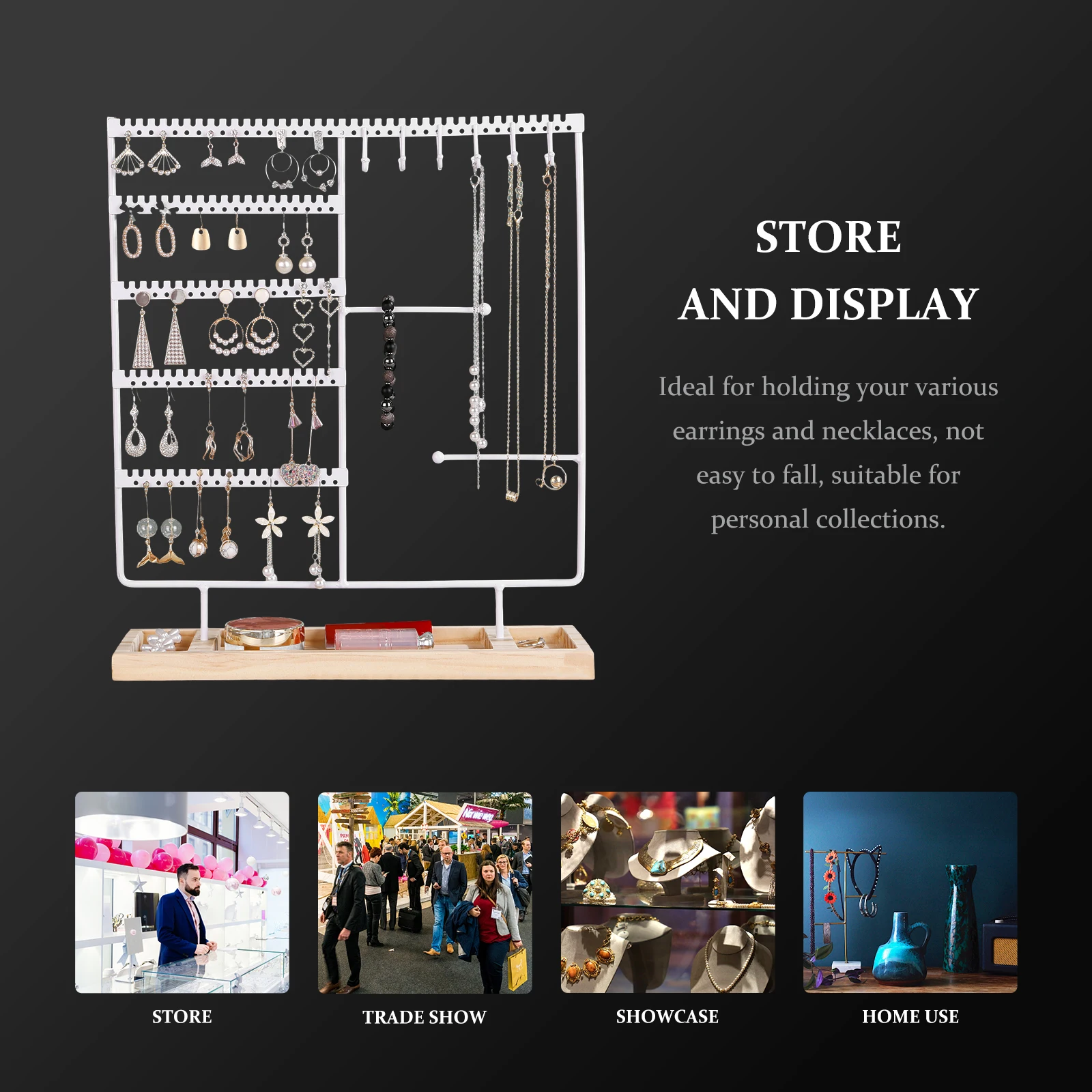 

Earring Display Jewelry ganizer Wooden Base Black Storage Rack for Earrings Necklaces Lightweight Compact