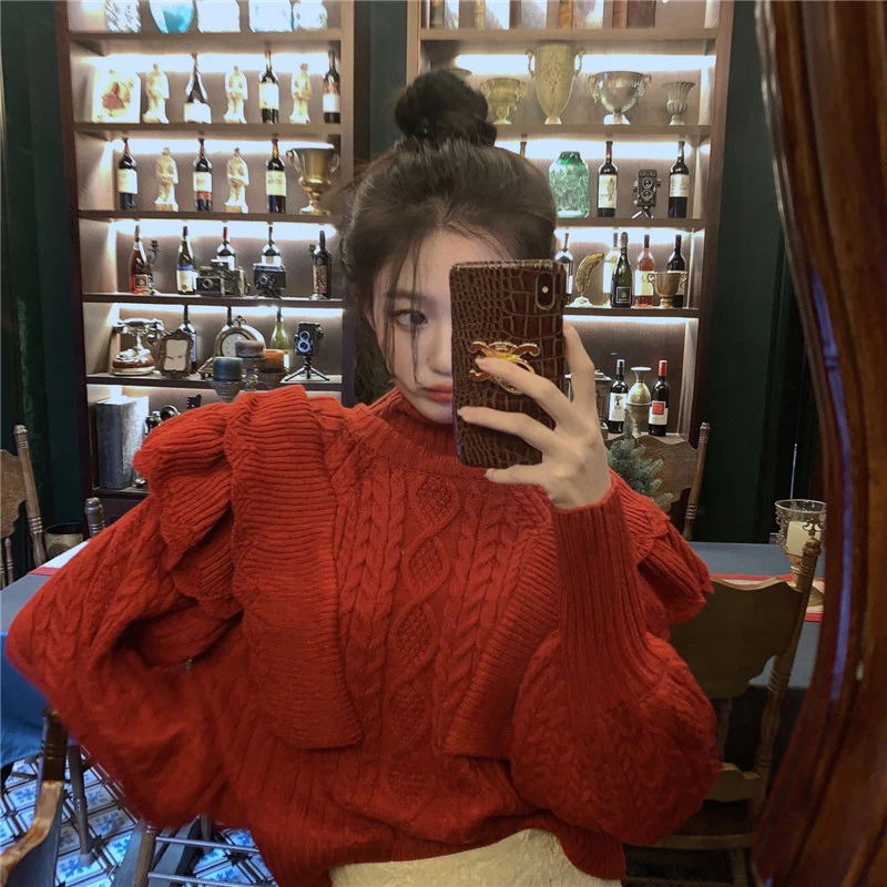 Turtleneck Sweater Women Vintage Ruffles Knitted Pullovers Christmas Streetwear Cropped Knitwear Autumn Winter Korean Red Jumper