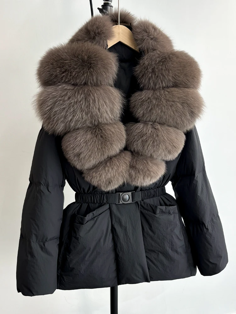 Lagabogy 2025 Large Real Fox Fur Winter Belt Waist-Tight Elegant Warm 90% White Duck Down Jacket Female V-neck Loose Puffer Coat