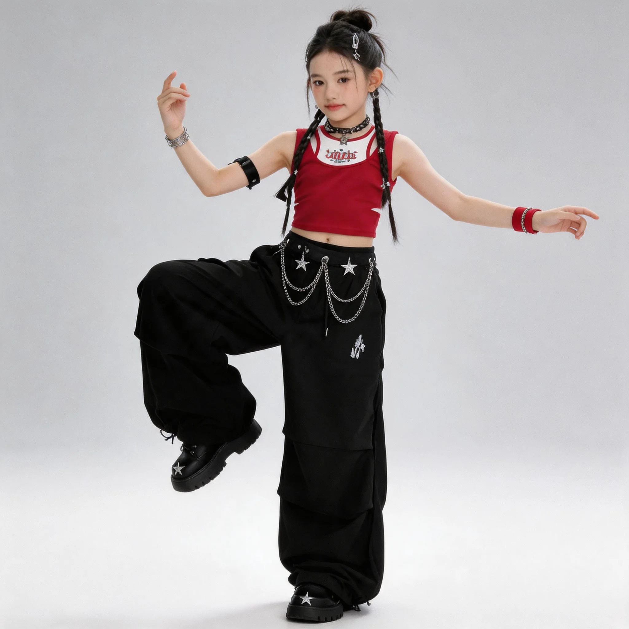 

Kids Girl Hip Hop Outfit Red Crop Tank Top + Cargo Shorts K-pop Street Dance Stage Costume Children Jazz Streetwear Clothes Set