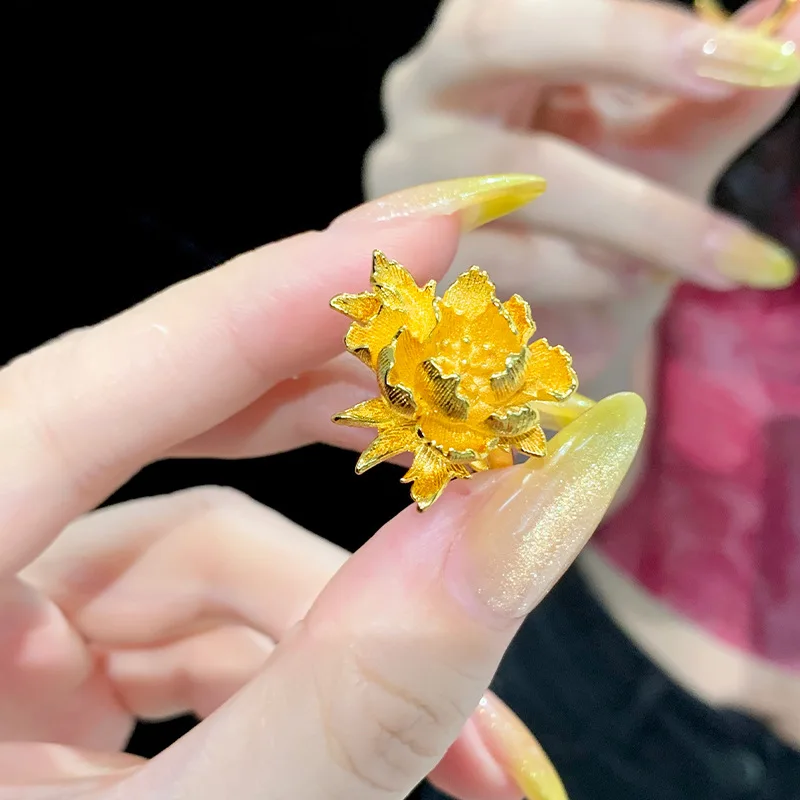 Peony flower ring women small design light luxury open ring hand jewelry 9999gold
