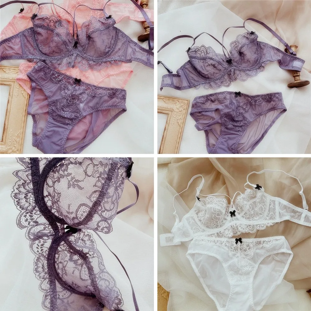 Sexy Lace Lingerie Bra Set, Underwire Push Up Bralette & Thong for Women, Sheer Comfort